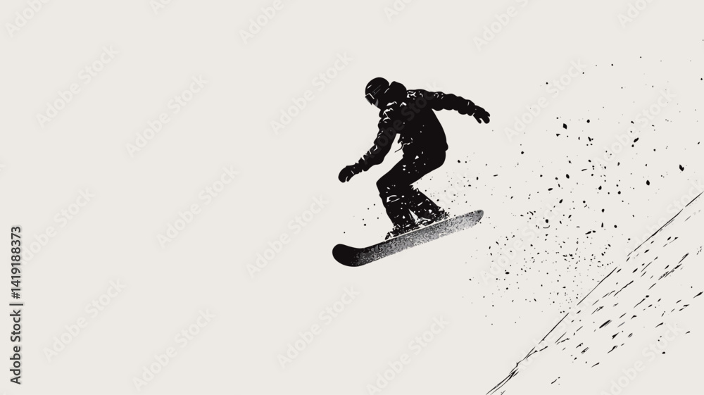 Naklejka premium This high-contrast monochrome image depicts a silhouetted skier against a bright, nearly white background, with the subject performing aerial maneuvers in mid-air, giving it a slight sense of motion.
