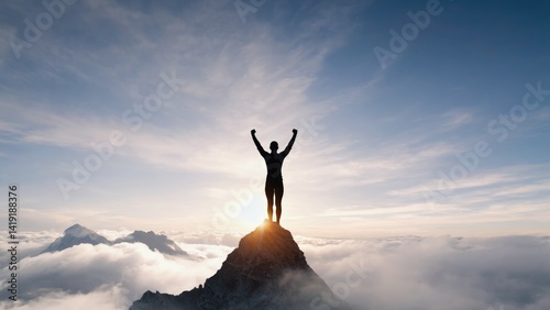 Summit Triumph: A silhouette of an individual standing atop a mountain peak, arms raised in a gesture of triumph against a backdrop of clouds, conveying perseverance.