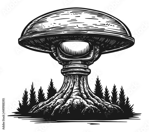 Vintage Engraving of a UFO Surrounded by Forest Elements