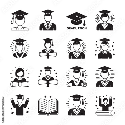 Graduation releted icon set, Decorative Graduation Cap and Diploma Vector Clipart Collection for Celebration Cards, Posters, and Digital Invitations