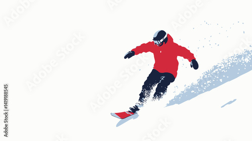 High angle close-up of a skier in action, wearing a bright red jacket and dark pants, with her body tilted at a dynamic angle as she slides down a snowy slope.