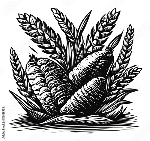 Detailed Engraving of Corn and Wheat in Traditional Style Art