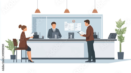 This graphic shows a minimalist vector illustration of a modern office reception area with two customers, a man and a woman, interacting with the receptionist behind a clean, minimalist counter.