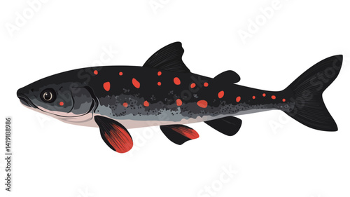 A detailed digital illustration shows a predominantly dark fish, perhaps black or dark grey, with many bright red dots scattered throughout its body.