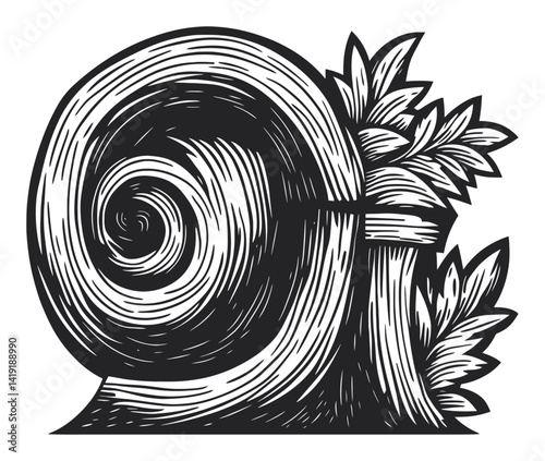 Detailed Engraving of a Snail Shell with Leaf Elements