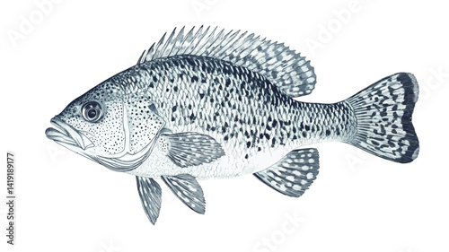A detailed grayscale illustration of a white crappie (Pomoxis annularis) against a pure white background, using meticulous rendering techniques to capture detail.