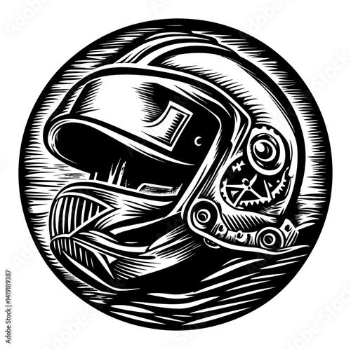 Engraving of a Vintage Space Helmet Design with Intricate Details