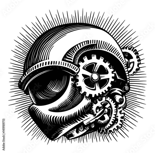 Steampunk Helmet Design with Gears and Illustrative Style
