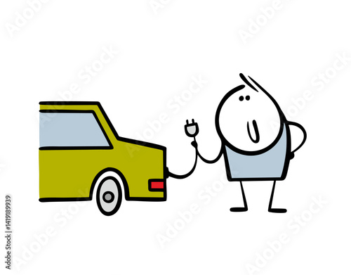 Man holds a wire and plug from an electric car. Vector illustration of driver charging a car with electricity. Modern technologies, ecology. Cartoon people isolated on white background.