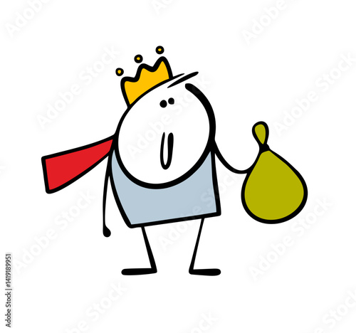 Rich king shares the money with his subjects. Vector illustration of a generous monarch holding a bag of money, giving cash to the poor. Cartoon people isolated on white background.