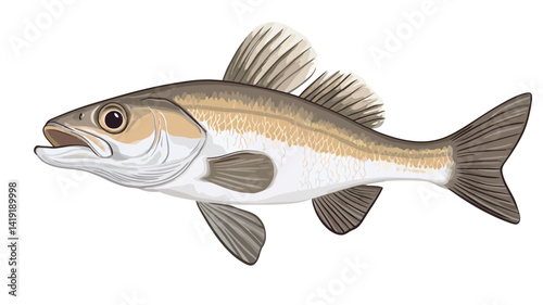 A detailed digital illustration of a European sea bass is presented against a plain white background. The illustration shows the fish from a side view, highlighting its