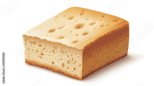 High definition close up studio photo of a cube-shaped loaf of artisan bread, shot against a pure white background. The loaf is slightly irregular, slightly rustic, with a golden brown crust.