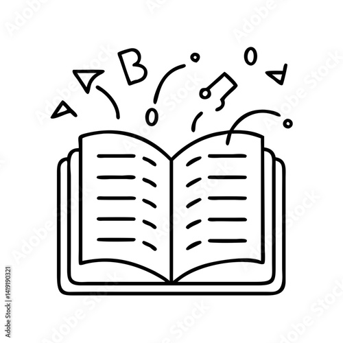 book with letters spilling out icon, book with letters spilling out line art - simple line art of book with letters spilling out, perfect for book with letters spilling out logos and icons