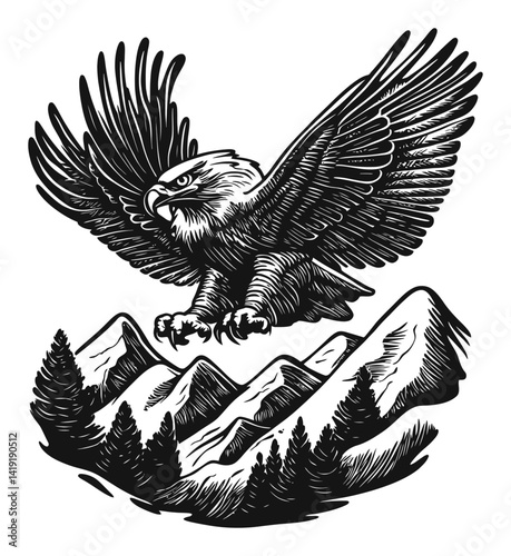 Majestic Eagle in Flight Over Mountains and Forest Landscape