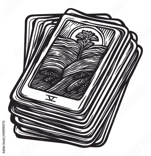 Detailed Engraving of Tarot Cards in Black and White Style