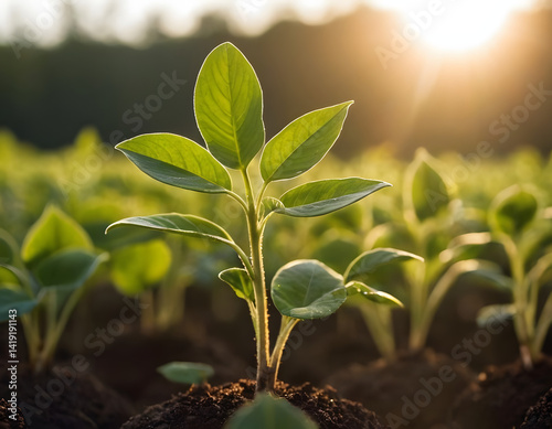 Young green sprout, Close up of a Young Plant Bathed in Morning Light. 