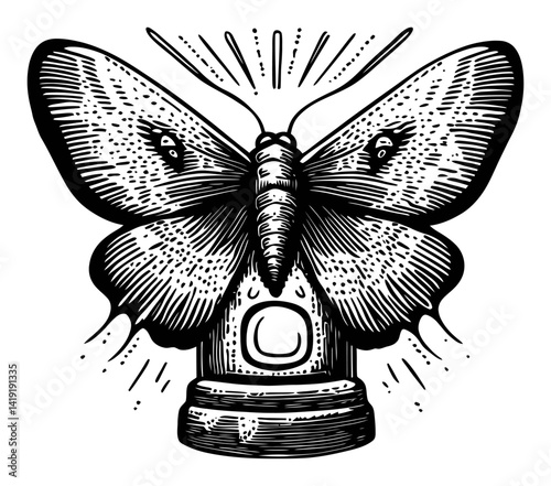 Intricate Black and White Moth Engraving with Decorative Elements