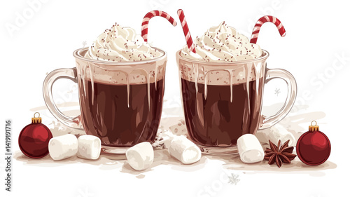 Studio close-up of two clear glasses filled with hot chocolate and topped with fluffy whipped cream. Each cup is decorated with a candy cane.