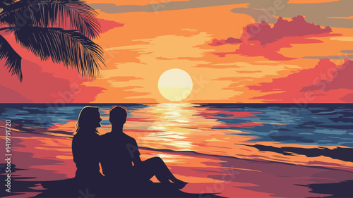 This image is a digital painting depicting a stylized sunset scene. The color palette is dominated by warm tones, with oranges, reds, and yellows dominating the sky.