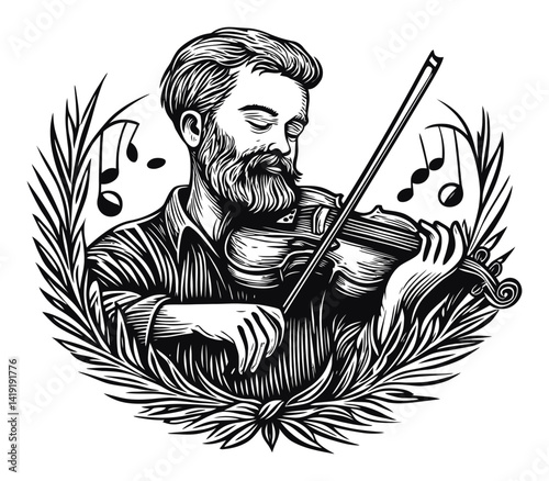 Detailed Engraving of a Musician Playing the Violin with Joy