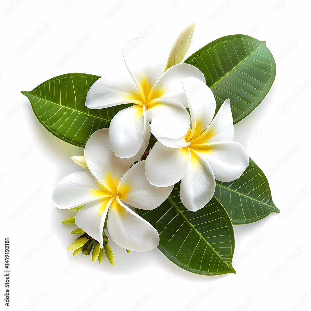 Naklejka premium Vibrant plumeria blossoms with vivid white petals and lush green leaves, tropical elegance and serene harmony