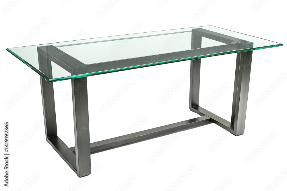 Sleek glass top table with a modern gunmetal frame perfect for contemporary spaces Clean lines on transparent background Sleek glass top table with a modern gunmetal frame perfect for contemporary spaces Clean lines on transparent background
