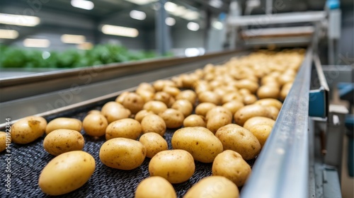 Raw potatoes tumbling gently on a rubber conveyor for cleaning and peeling, crop processing, vegetable production, agricultural line