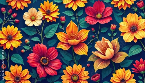 Bold, vibrant floral pattern with rich colors, background, floral, orange
