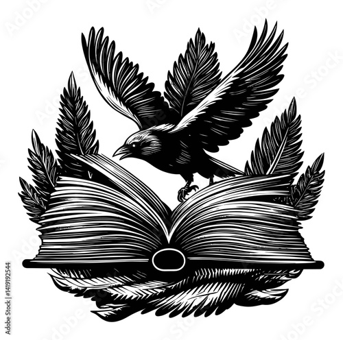 Engraving Illustration of a Bird Flying Over an Open Book