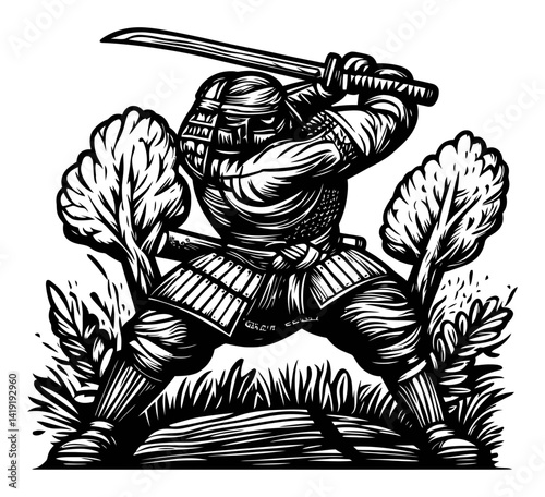 Samurai Warrior Engraving with Sword and Trees in Background