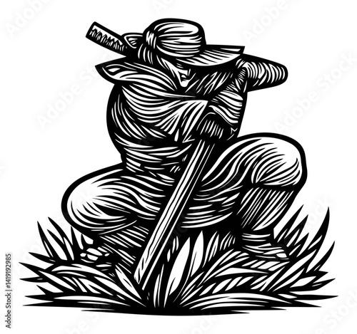 Detailed Woodcut Illustration of a Warrior in an Action Pose