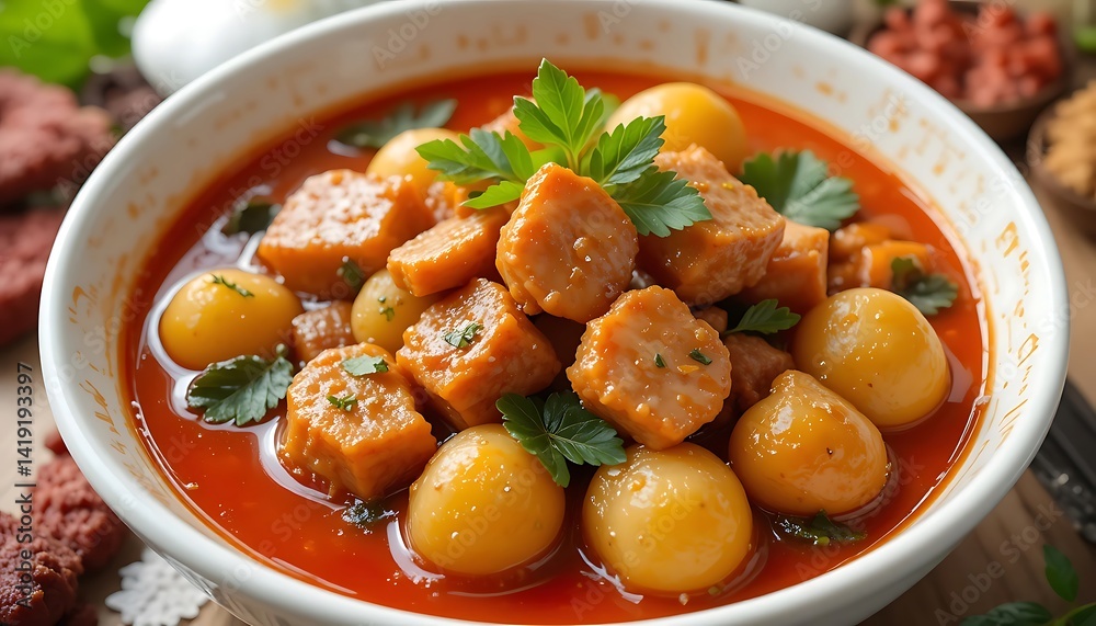 Serving Hearty Vegetable Stew with Potatoes and Parsley Garnishing Serving Hearty Vegetable Stew with Potatoes and Parsley Garnishing