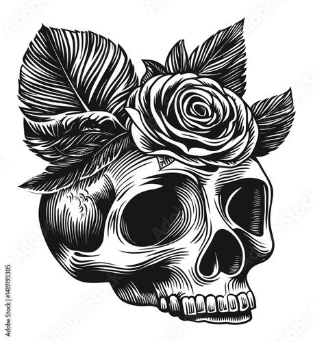 Skull with Rose and Leaves Engraving Design for Illustrators