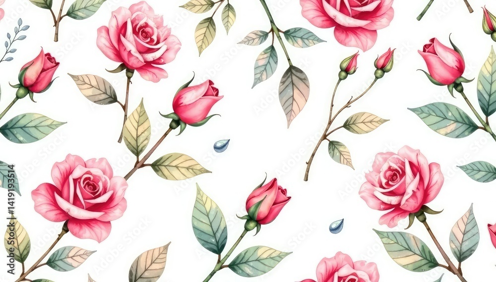 Delicate watercolor rosebuds & leaves, repeating pattern, print, surface, background Delicate watercolor rosebuds & leaves, repeating pattern, print, surface, background