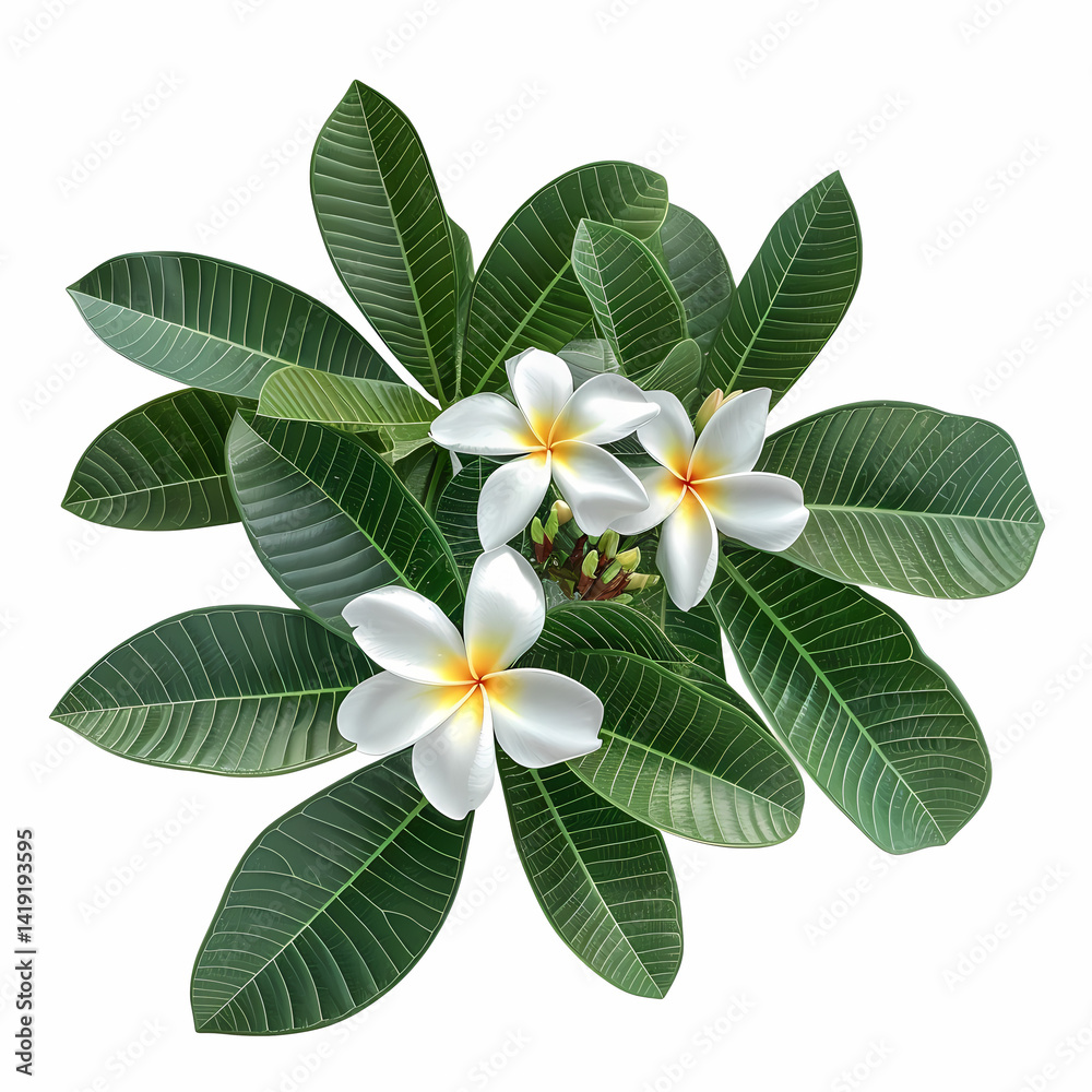Obraz premium Frangipani blooms lush green leaves tropical elegance white petals natural beauty botanical focus exotic plant life
