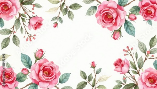 Delicate watercolor roses and leaves, repeating pattern , trendy, blossom, pretty