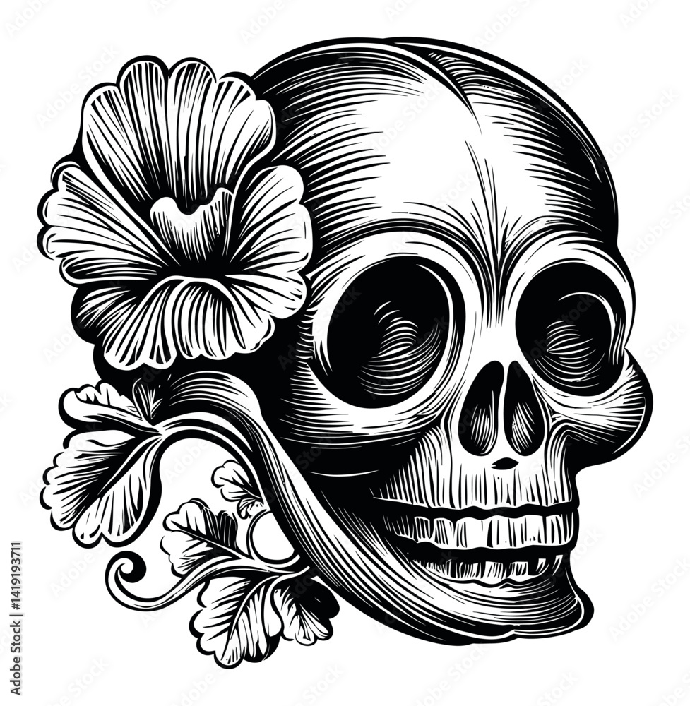Fototapeta premium Detailed Engraving of a Skull with Floral Elements in Black and White