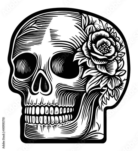 Detailed Engraved Skull Illustration with Floral Elements Design