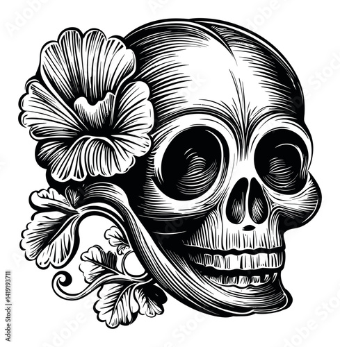 Detailed Engraving of a Skull with Floral Elements in Black and White