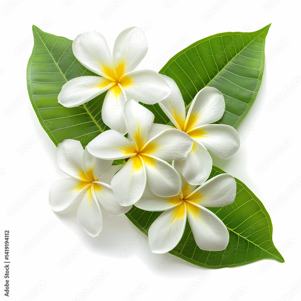 Fototapeta premium Fragrant tropical blossoms white with yellow centers surrounded by vibrant green leaves natural beauty and tranquility