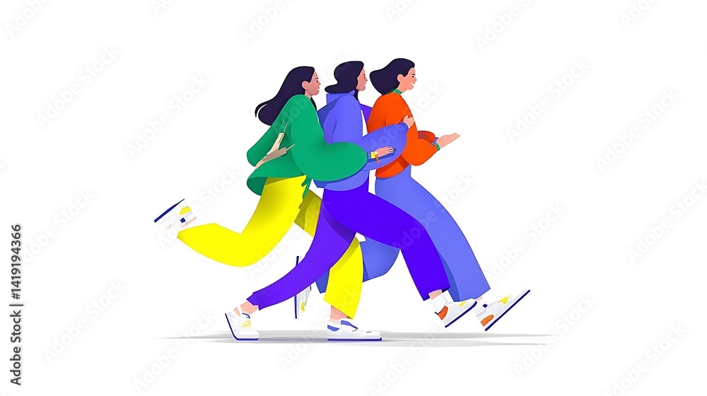 Obraz premium Three Women in Colorful Sportswear Running on White Background