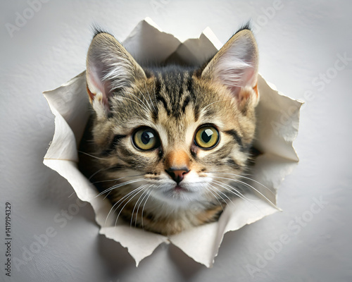 Cute tabby kitten peeking through torn paper