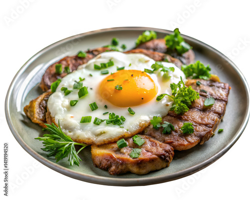 Delicious fried egg with bacon and herbs