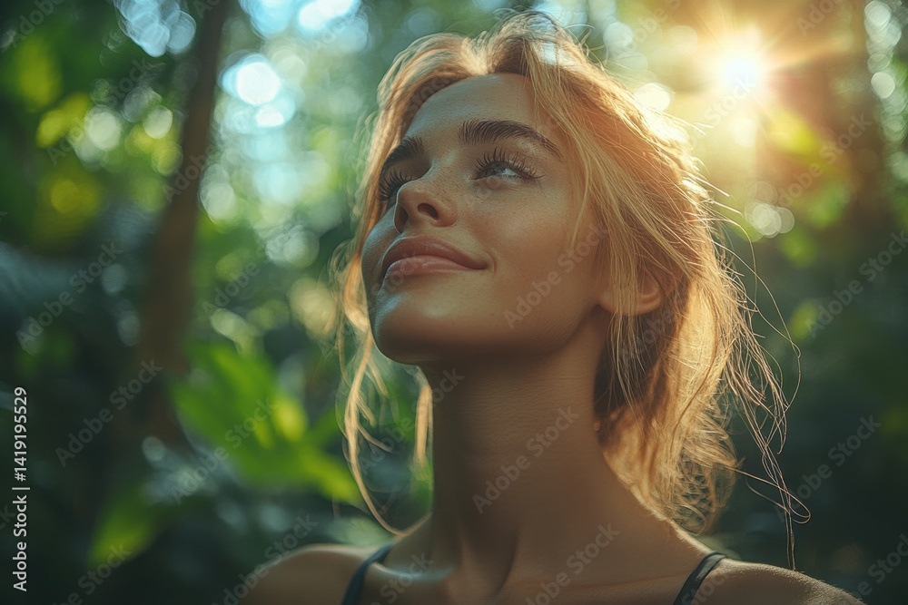 Woman enjoying nature in a lush forest with sunlight filtering through trees in the early evening