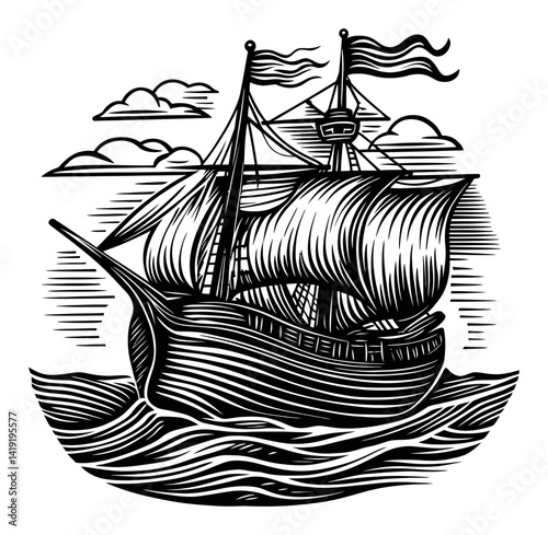 Traditional Wood Engraving of Sailing Ship with Wind in Sails