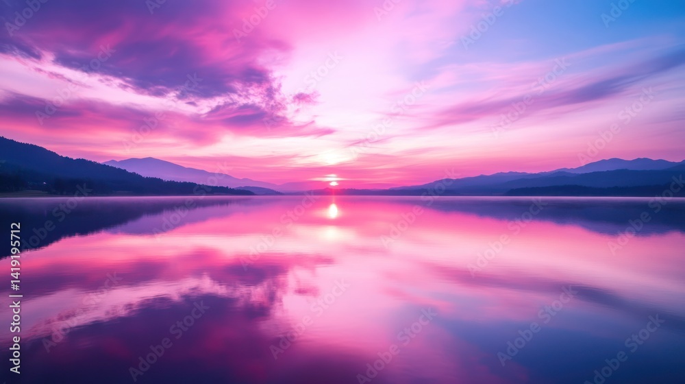 Fototapeta premium Majestic Pink Sunset over Serene Lake and Mountains