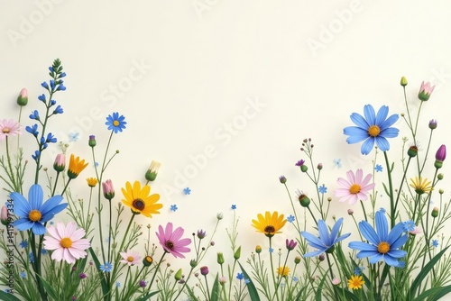 Scattered wildflowers  white and blue on cream  wildflowers pattern  scattered  fabric