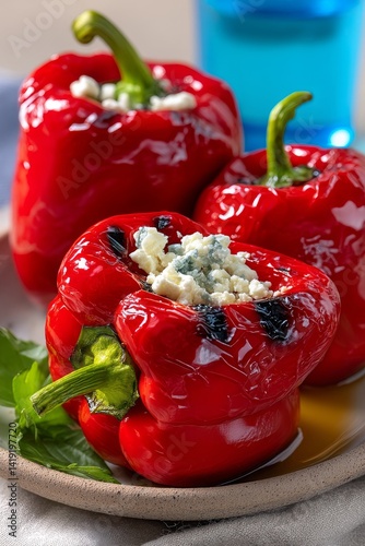 Charolas de pimientos rojos asados rellenos con queso azul sobre plato rústico en cocina moderna