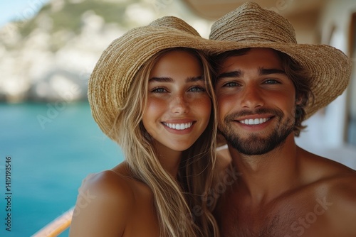 Couple enjoying a sunny day by the water with smiles on their faces and stylish straw hats