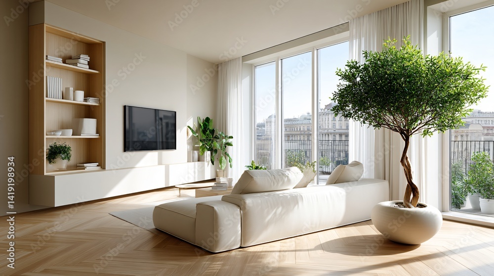 Fototapeta premium A living room with built-in media unit, sectional sofa, airy curtains, sunlight illuminating minimalist dÃ©cor, and a sculptural indoor tree